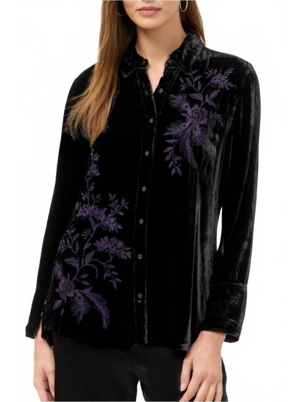 NEW JOHNNY WAS molly velvet vintage button down shirt in black